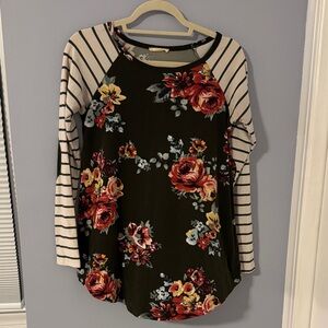 Reborn J Olive Green Floral and Stripe Raglan Top
